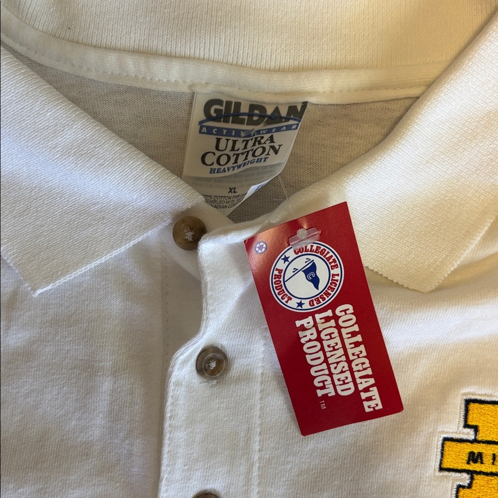 NWT Michigan Wolverines Heritage Polo • Optic White XL with Artisan Wood Buttons - Picture 3 of 5